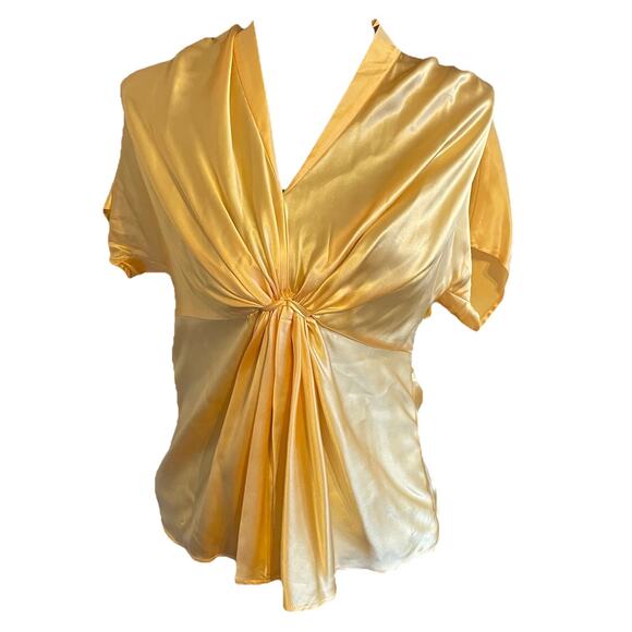 WOMAN'S ANNE KLEIN SIZE 6 SILK Yellow Short Sleeve Shirt Gathered Satin - Picture 1 of 8
